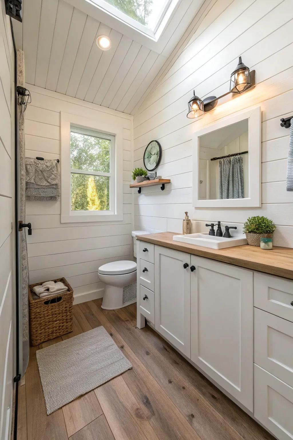 A light color palette enhances spaciousness in this tiny bathroom.
