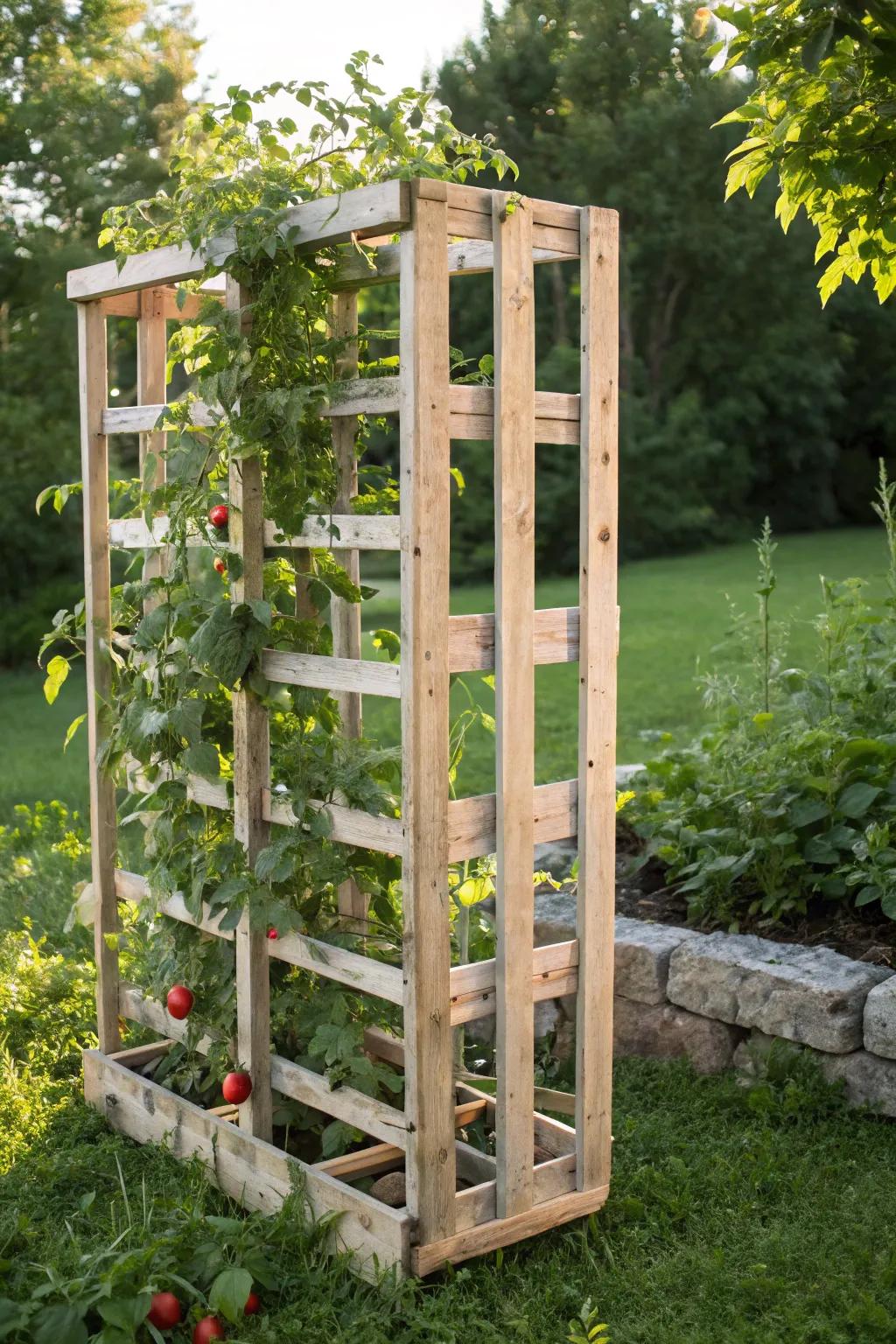 Enhance your garden's charm with a rustic recycled deck trellis, where simplicity meets eco-friendly elegance.