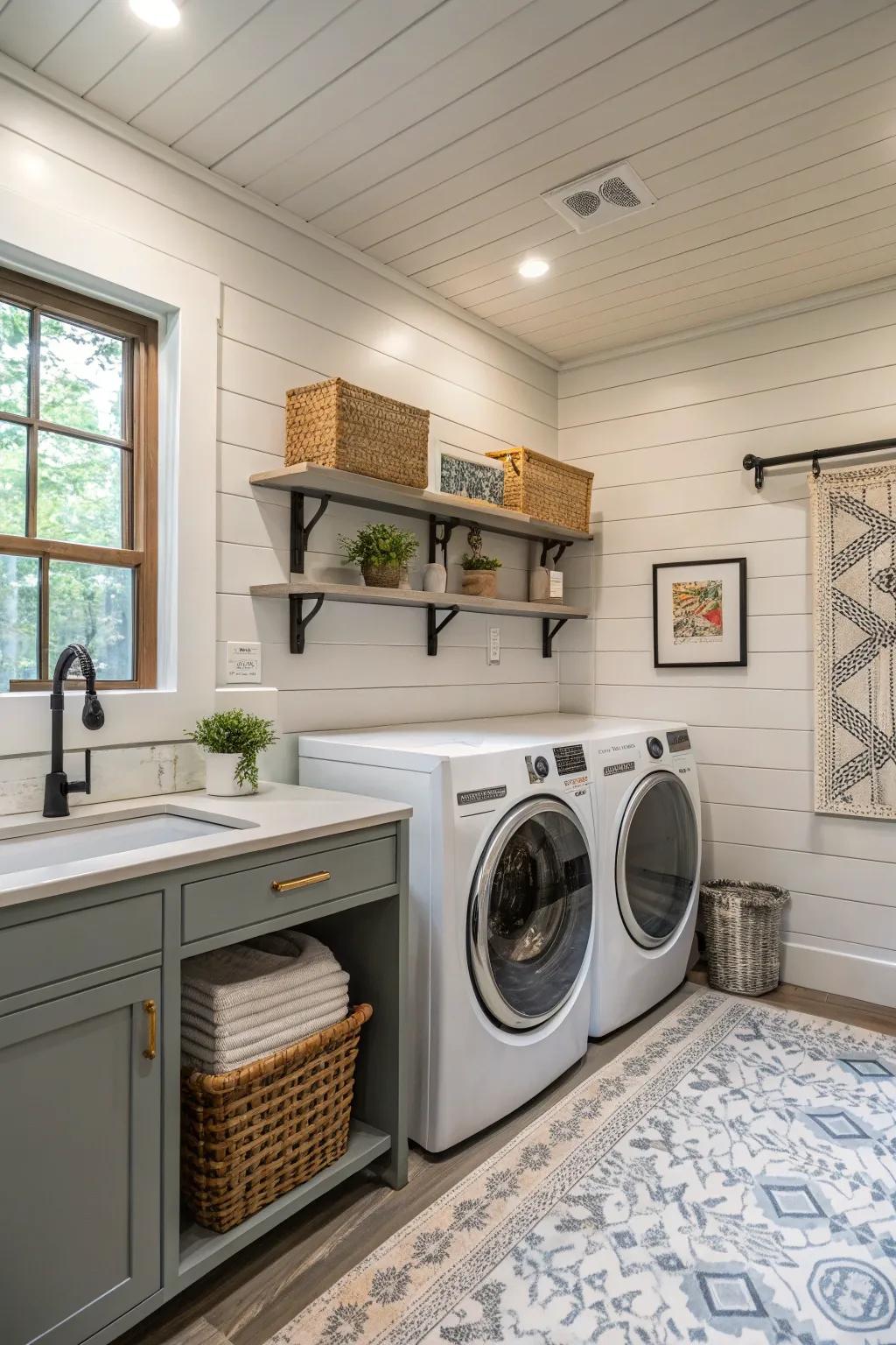 Colored interlocking plank walls breathe style into this laundry room.