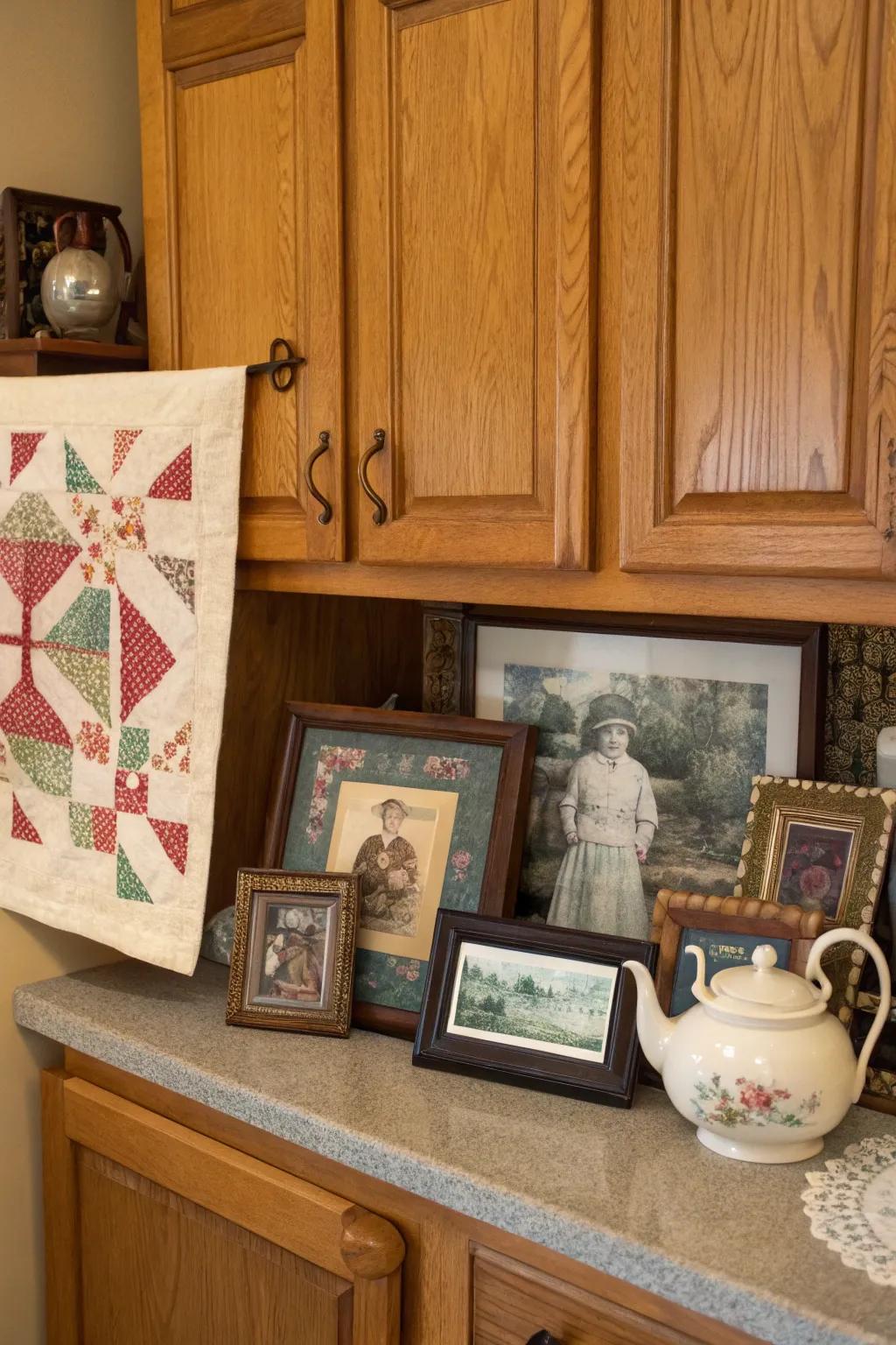 Fill your kitchen with the heartwarming presence of family heirlooms above your cabinets.