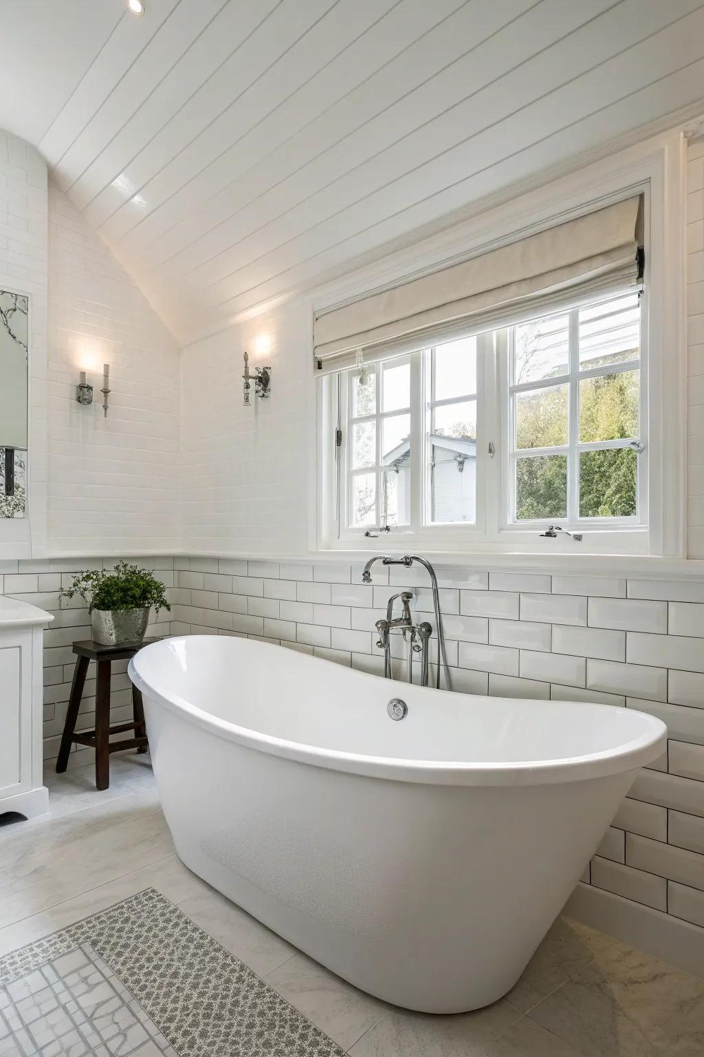 A white bathroom featuring a standout tub that anchors the space.