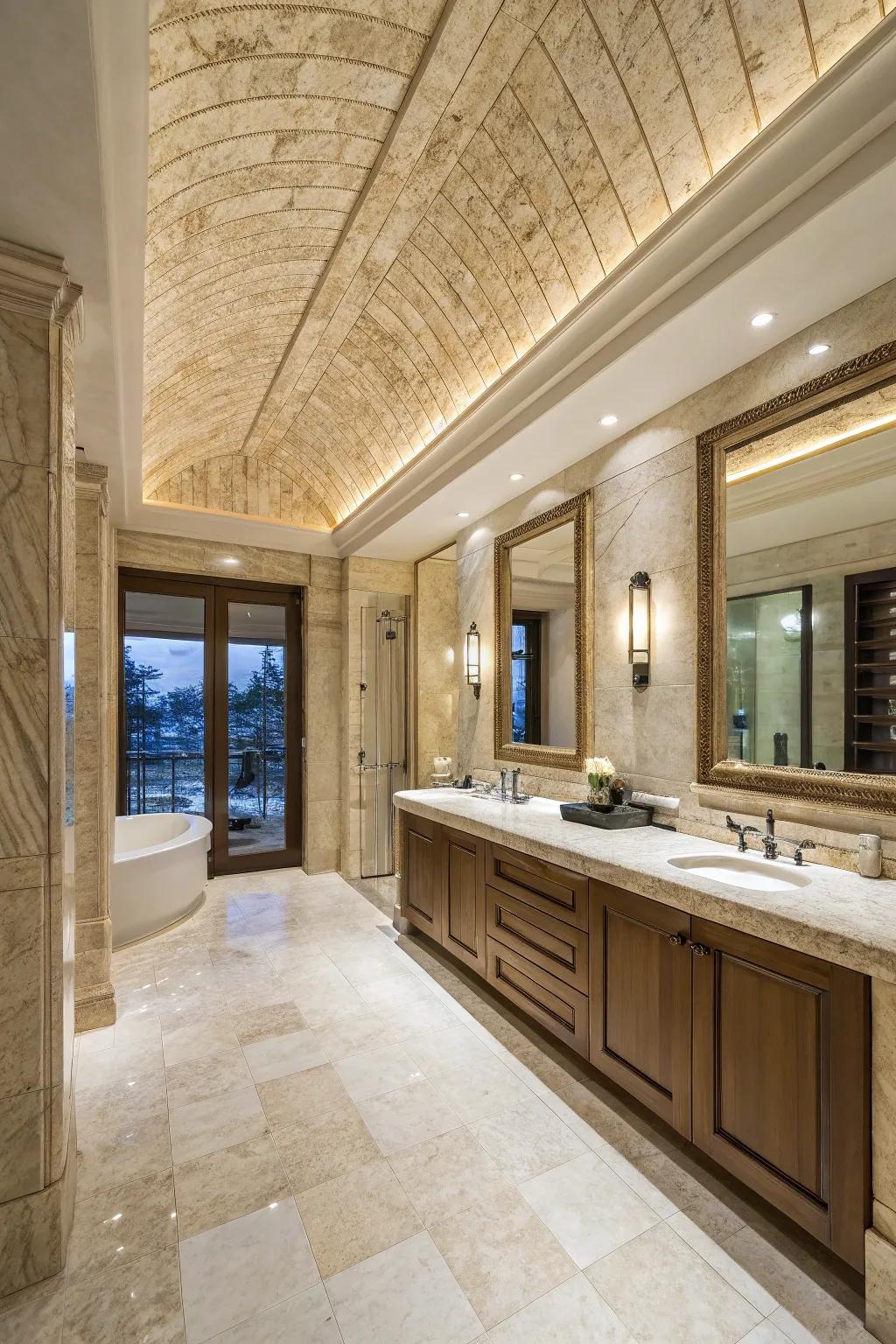 A luxurious bathroom features a statement travertine overhead that draws the eye upward.