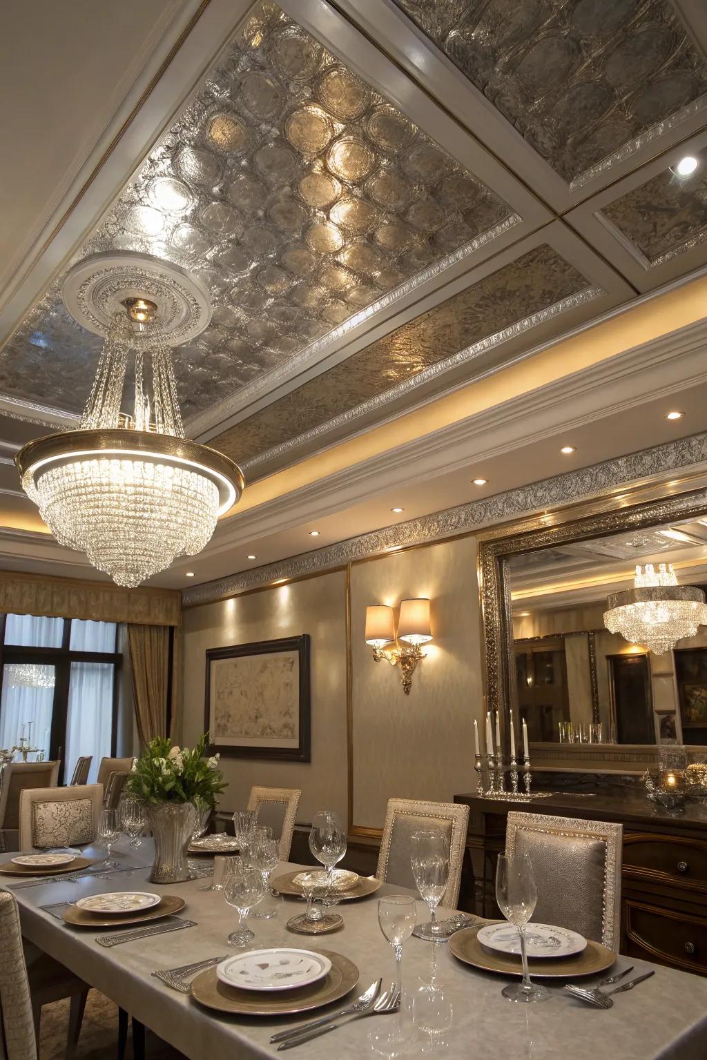 An upscale dining room featuring a mirrored metallic tray ceiling.