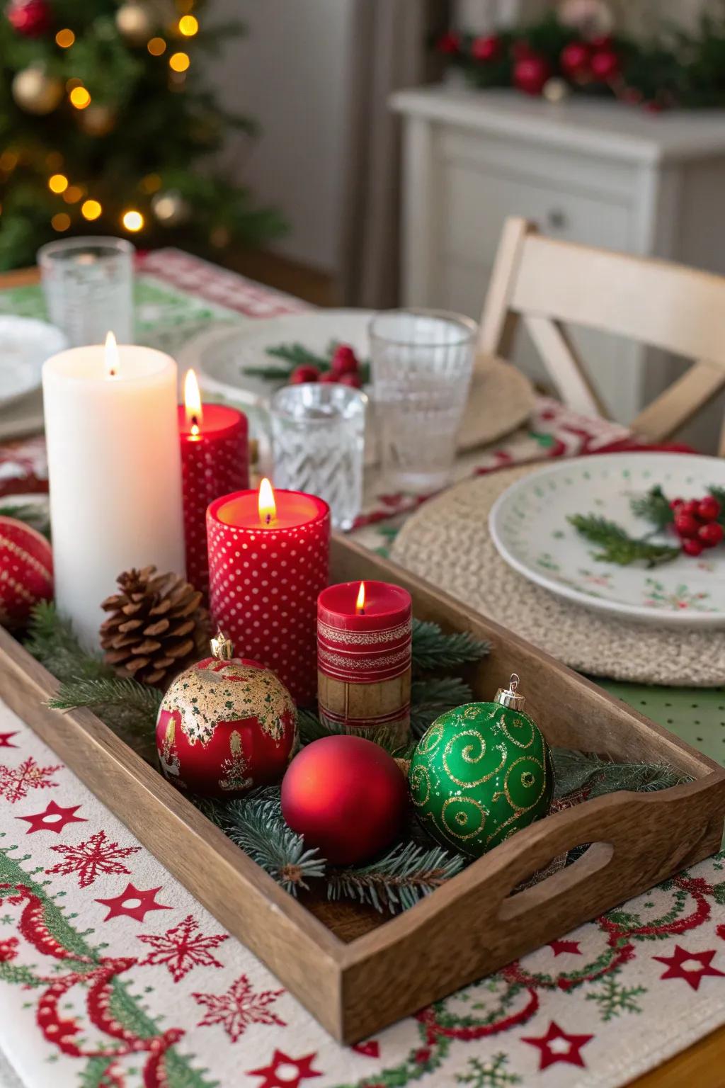 A festive table setting decorated with holiday-inspired tray decorations.