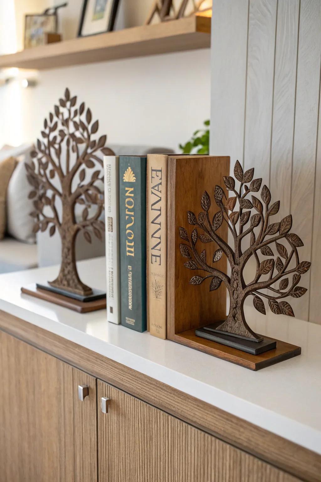 Eternal Tree bookends add a unique touch to a stylish bookshelf.