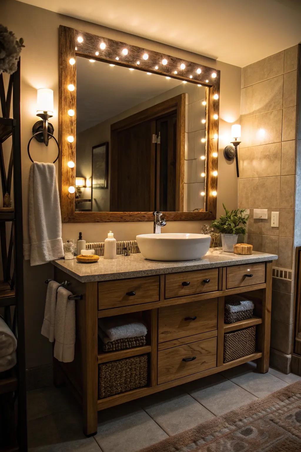 This bathroom vanity employs backlighting to foster a refined and ambient atmosphere.