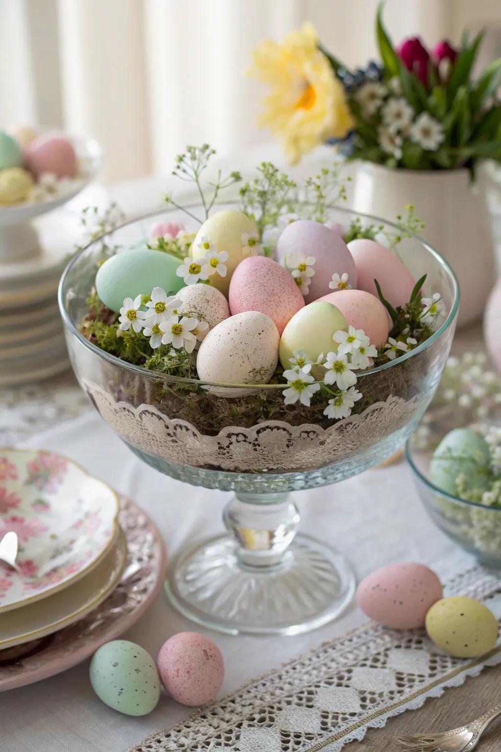 A dessert bowl highlighting the joy of Easter with bright eggs.