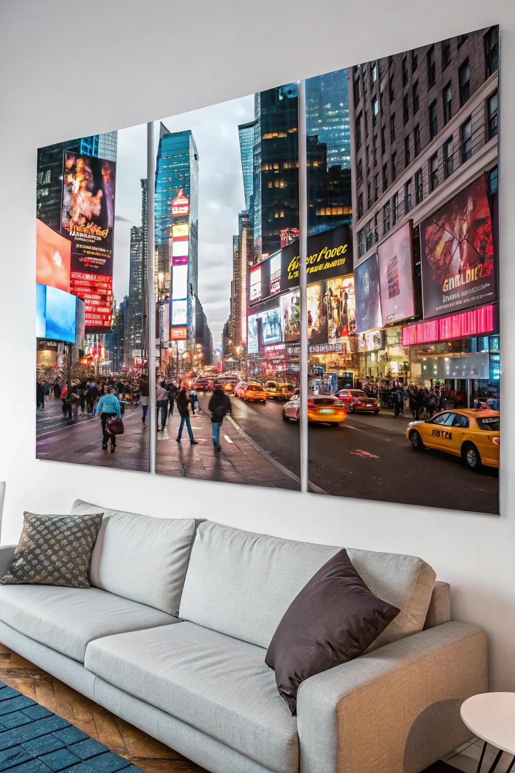 Lively city street captured in a vibrant triptych.