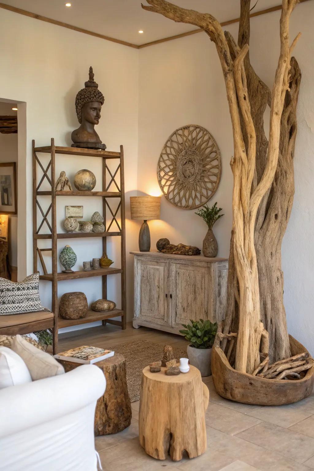 Driftwood accents add a rustic, natural touch to the decor.