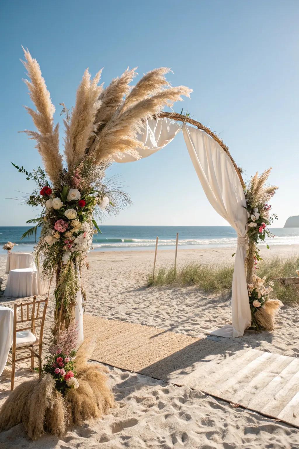A bohemian wedding arch with elegant plume grass.