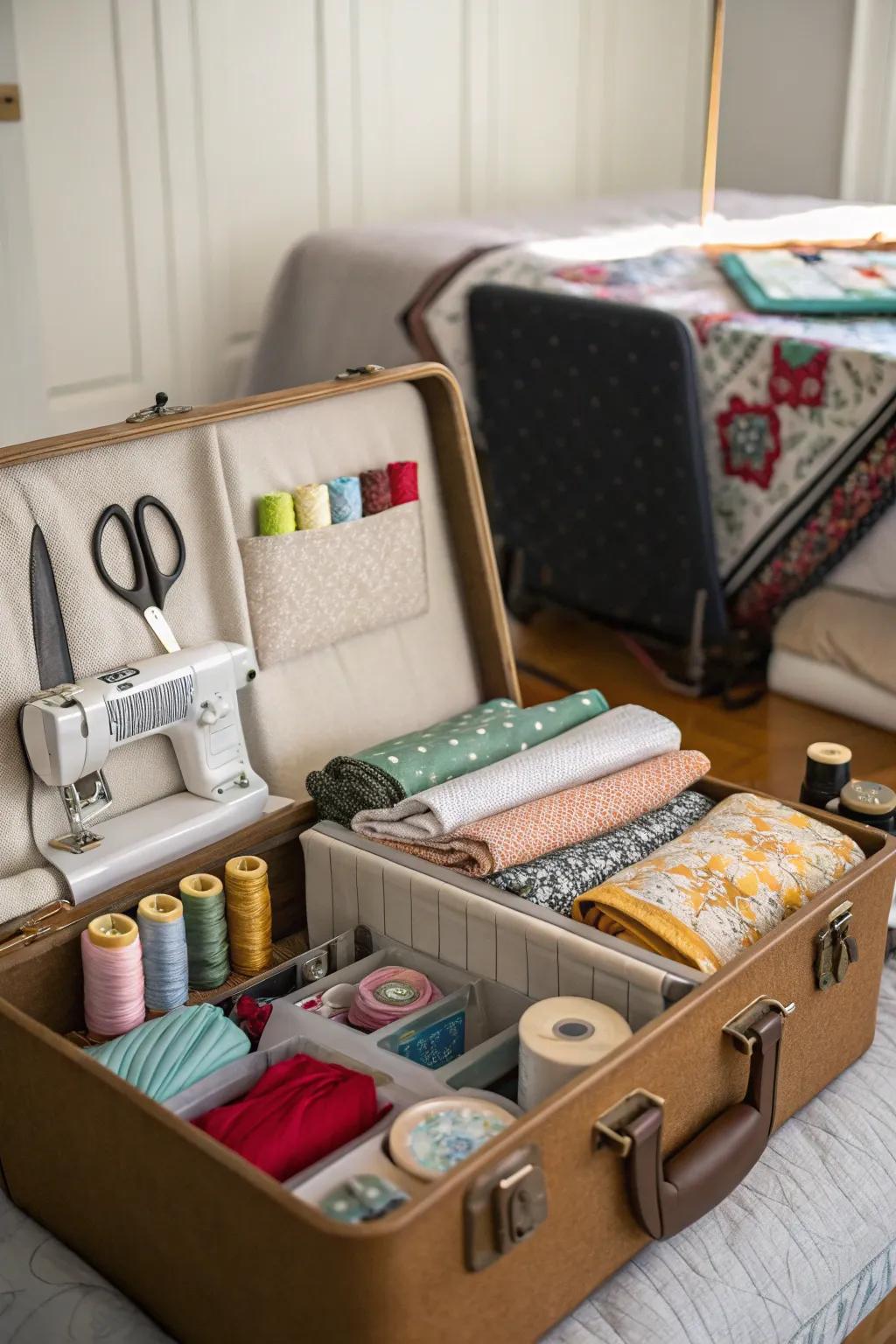 A trunk is repurposed as a sewing station, perfect for creative projects.