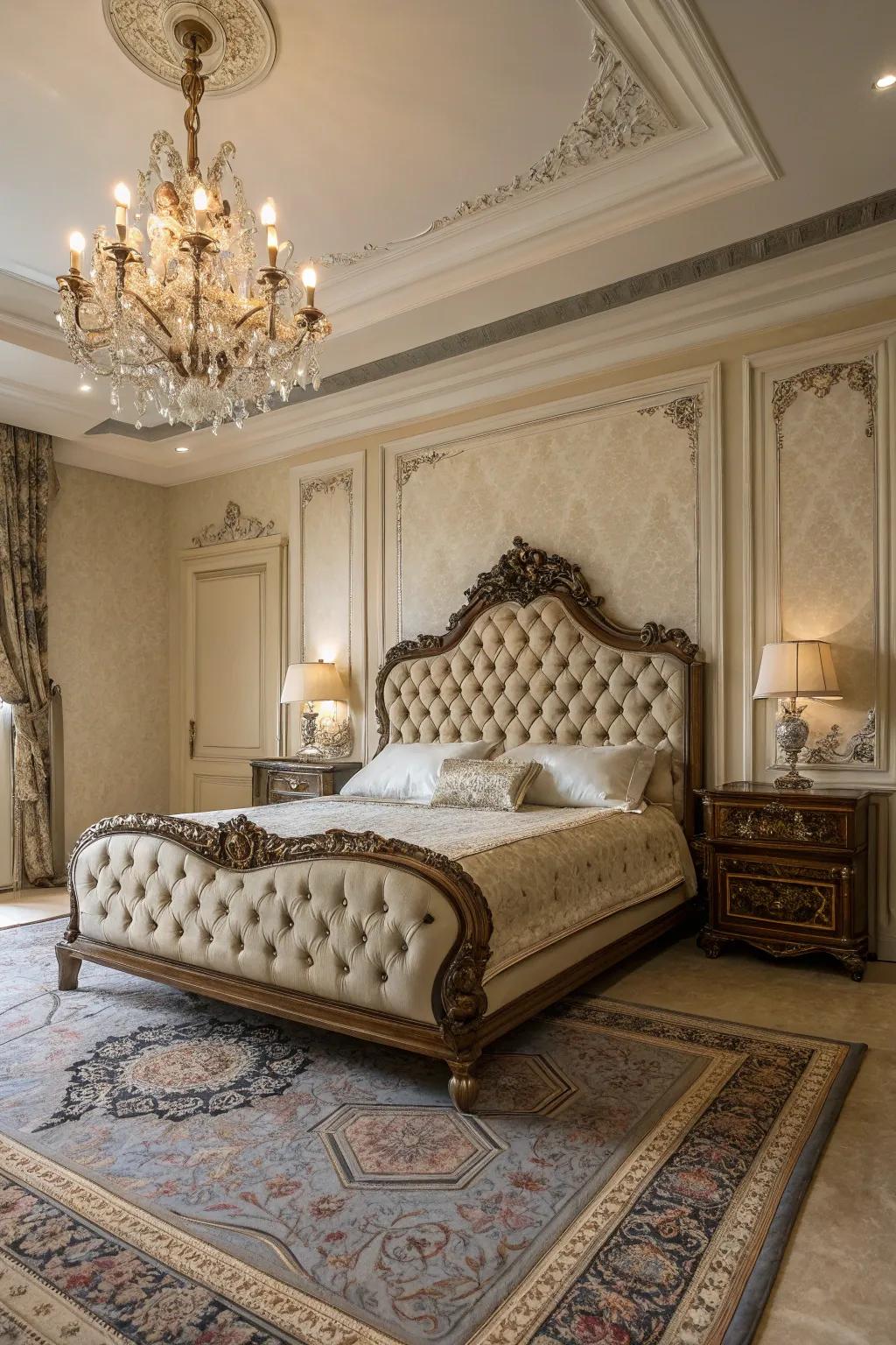 A Victorian bedroom showcasing an elegant tufted headboard.