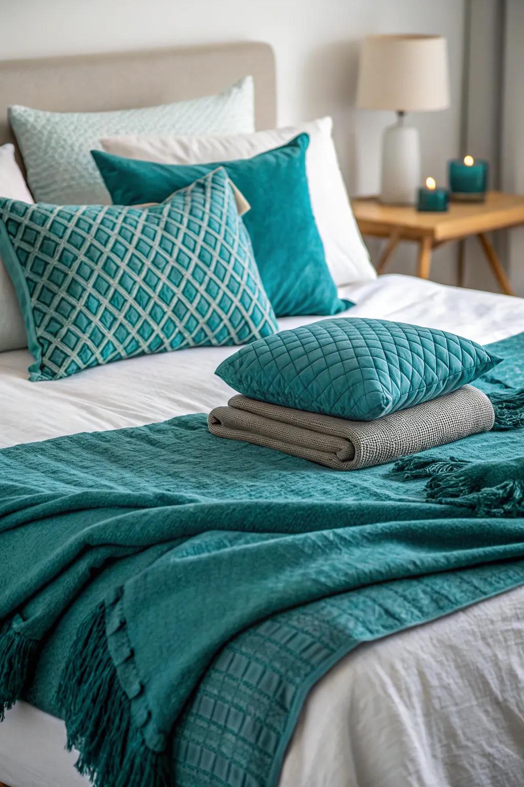 Teal throws and cushions for added comfort.