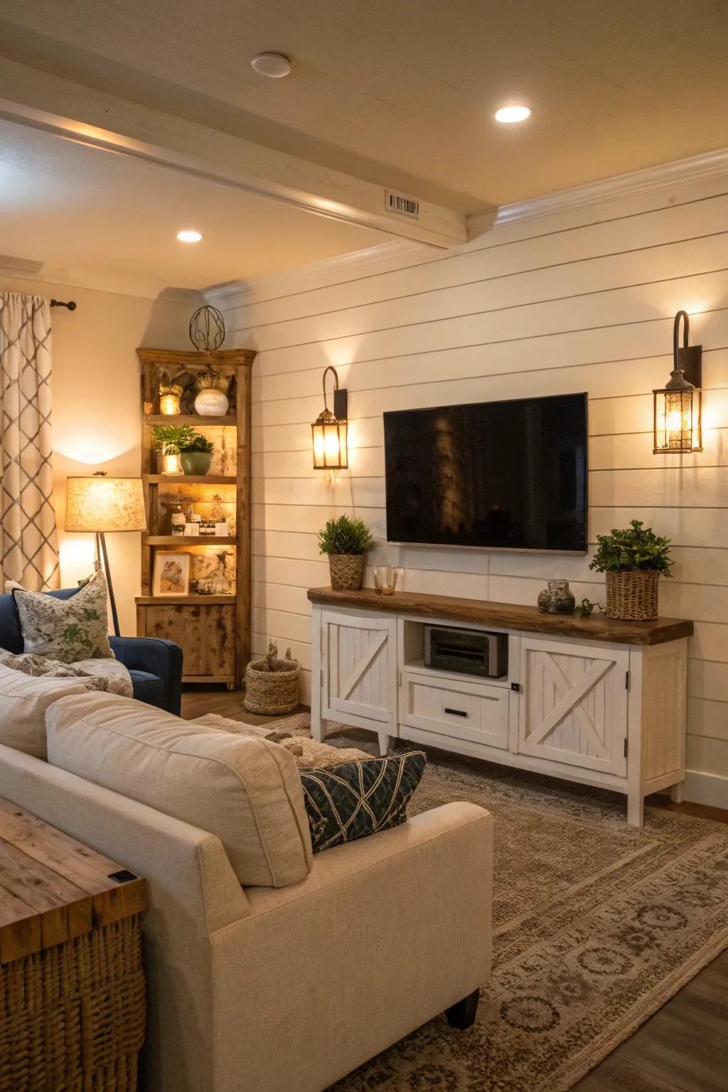 Shiplap adds cozy charm to this TV feature wall, perfect for farmhouse style.