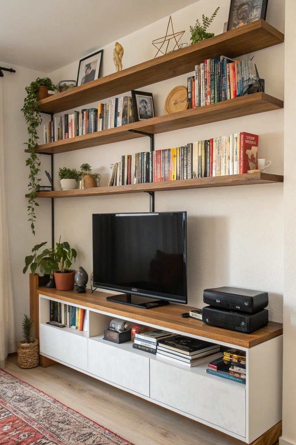 Shelves filled using personalized items contribute characteristics upon this media wall.