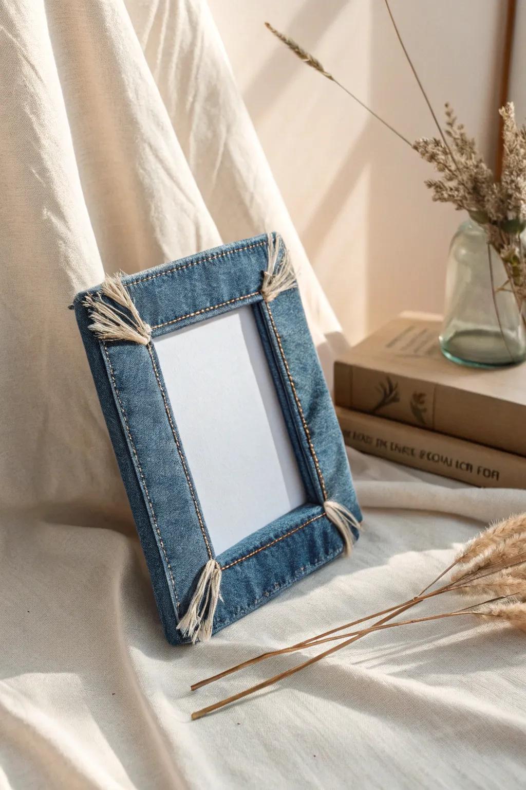 Transform old jeans into a stylish denim picture border for a touch of rustic elegance in your home design!