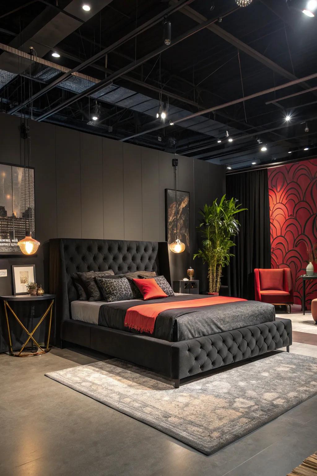 A black upholstered bed brings bold sophistication to this space.