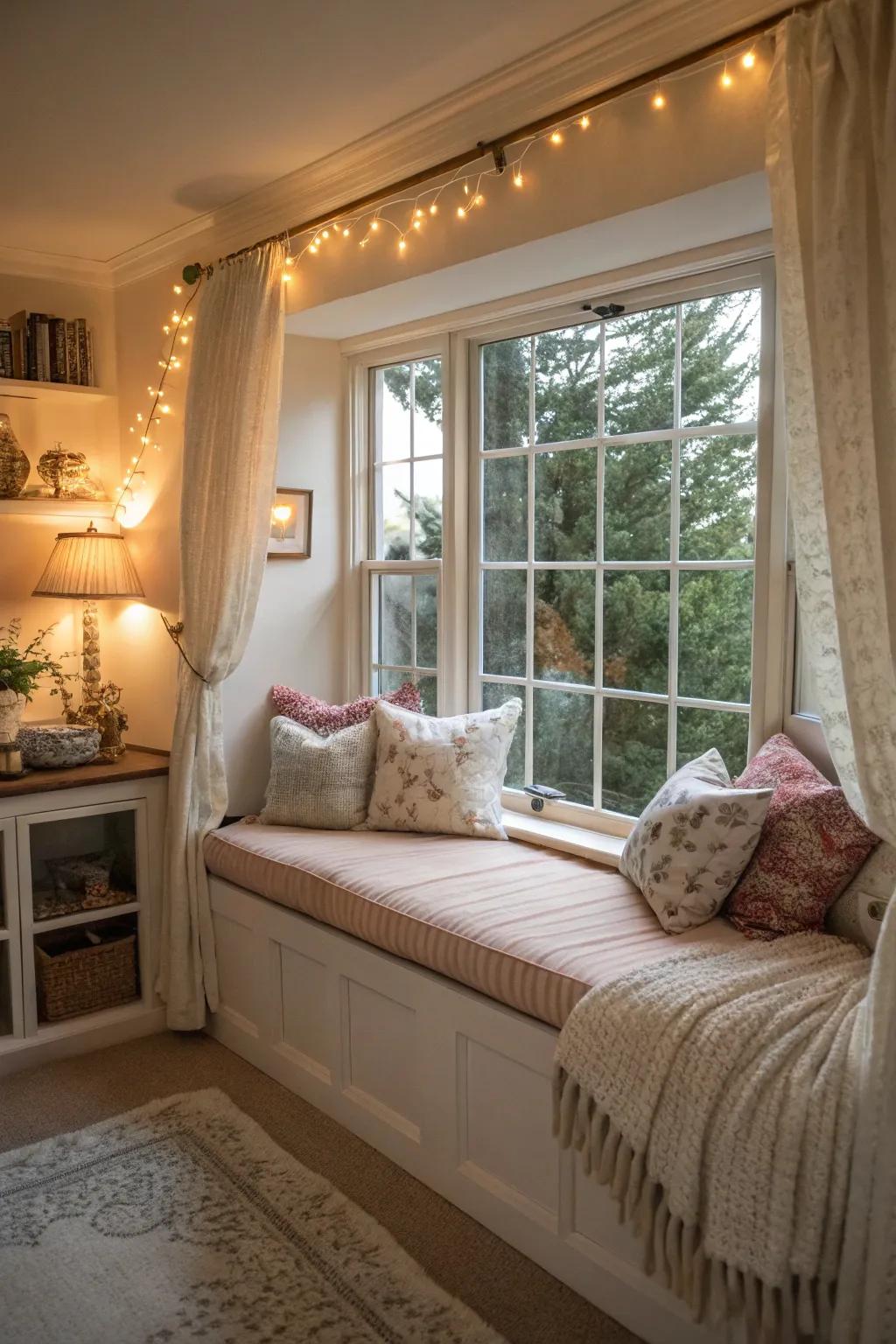 An fabric window seat makes a comfortable area.