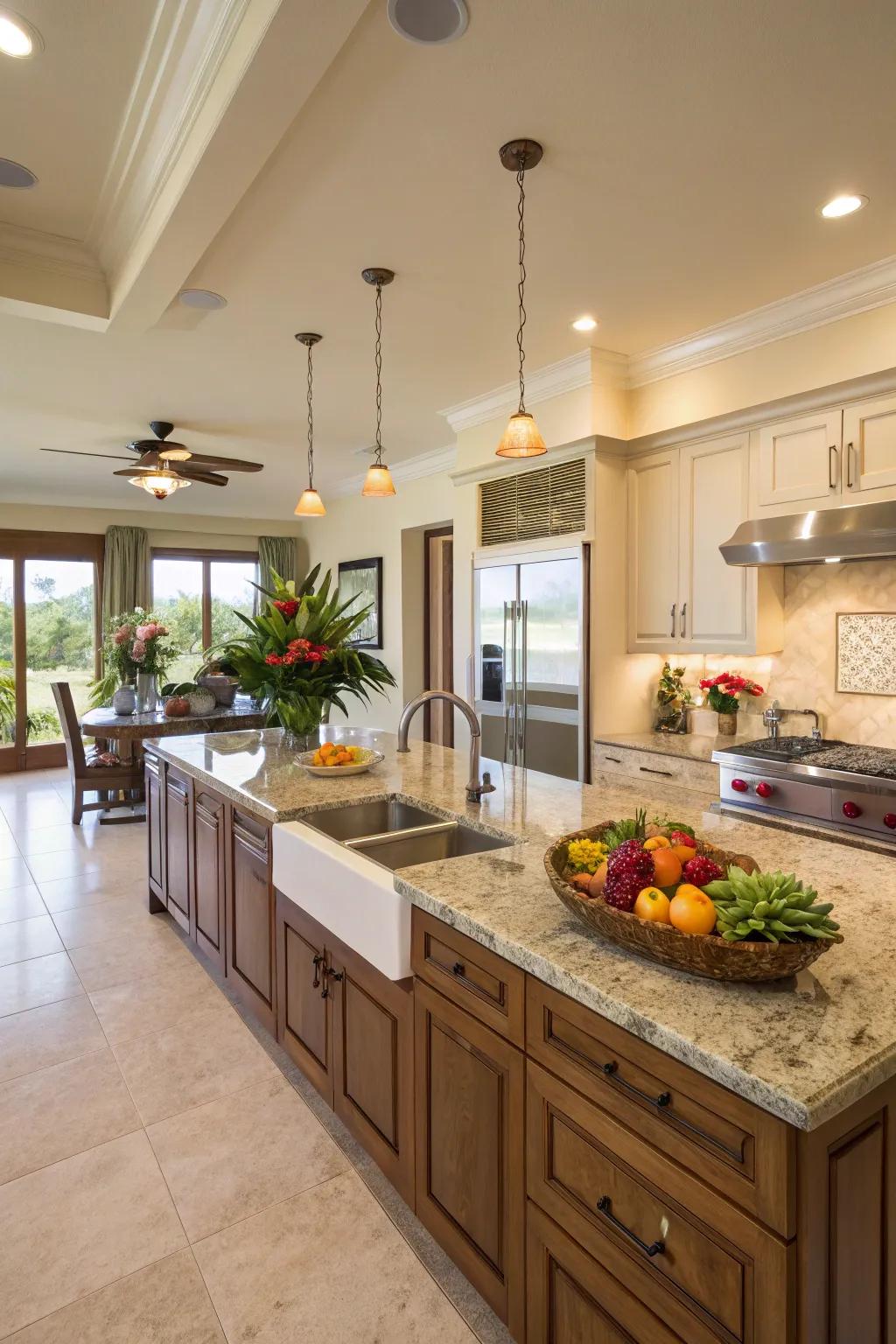 A team-cooking kitchen invites communal meal preparation.