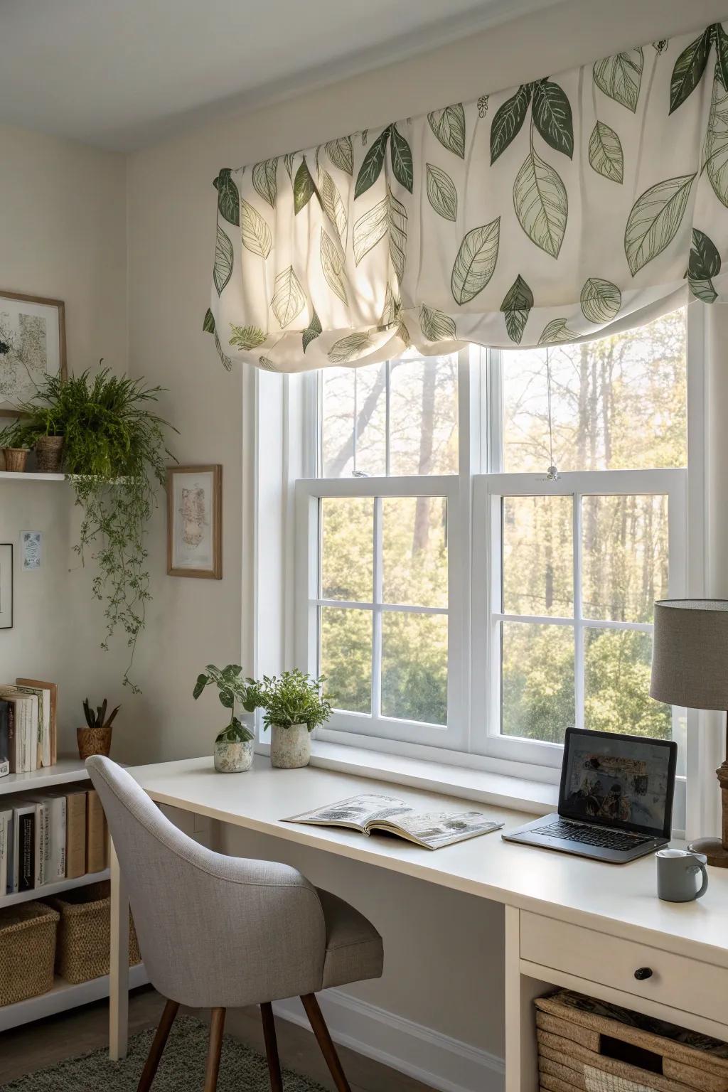 A window showcasing a nature-influenced dressing in a tranquil home office.