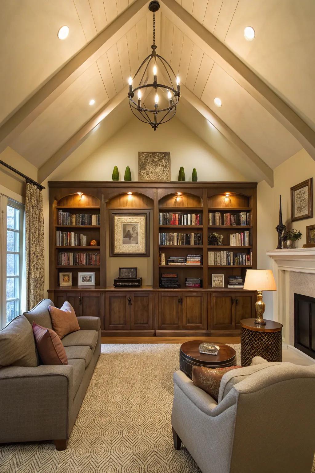 A family room showcasing a vaulted ceiling and encompassing interconnected shelving