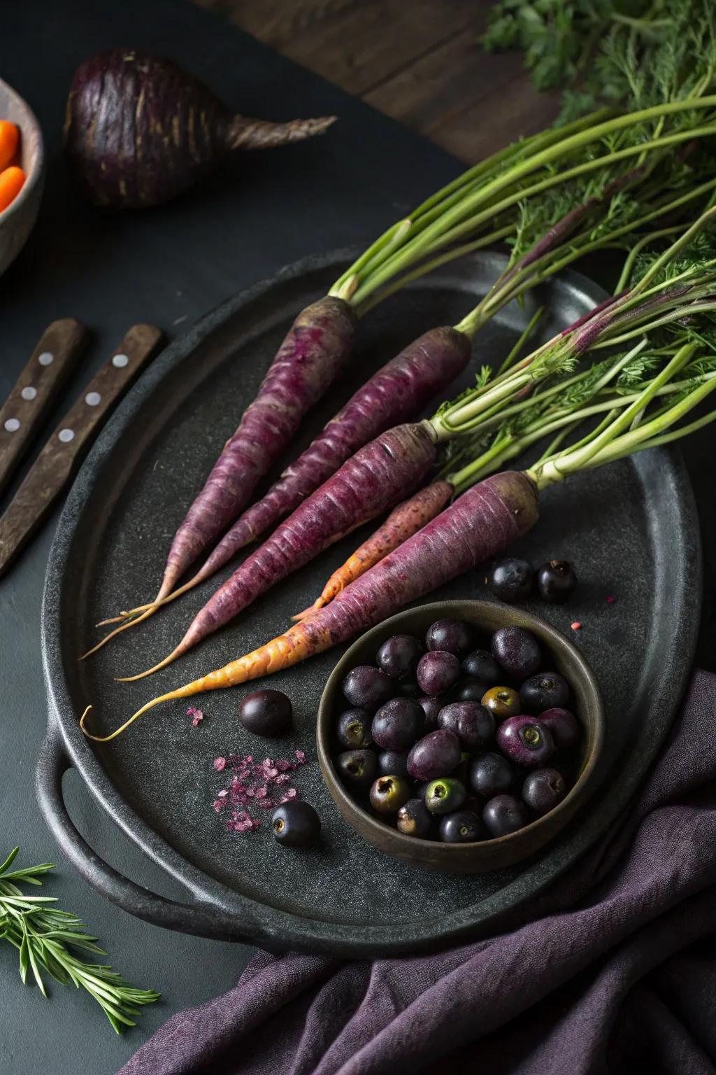 Moody vegetable tray with dark, rich colors.