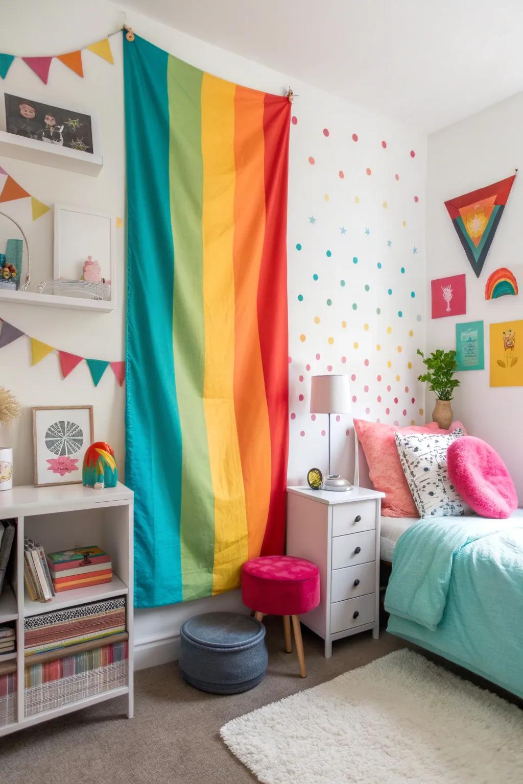 Color block patterns on a vertical banner add energy to a youthful bedroom.