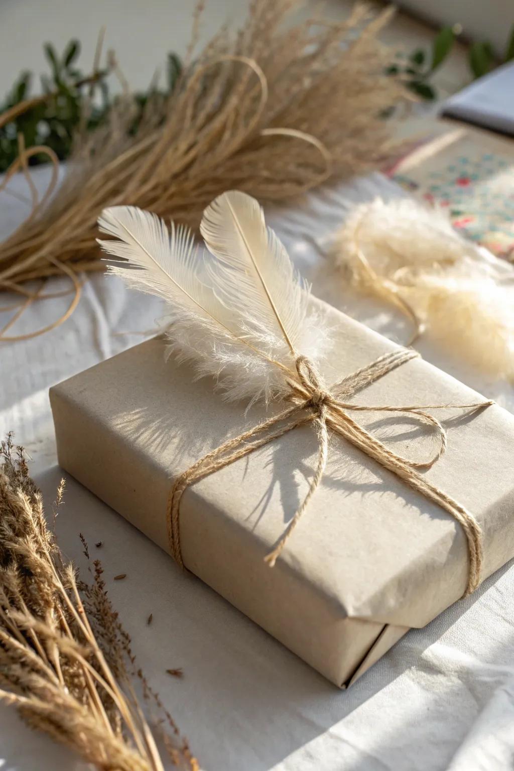 Inject a touch of boho sophistication into your gifts through this feathered wrapping idea!