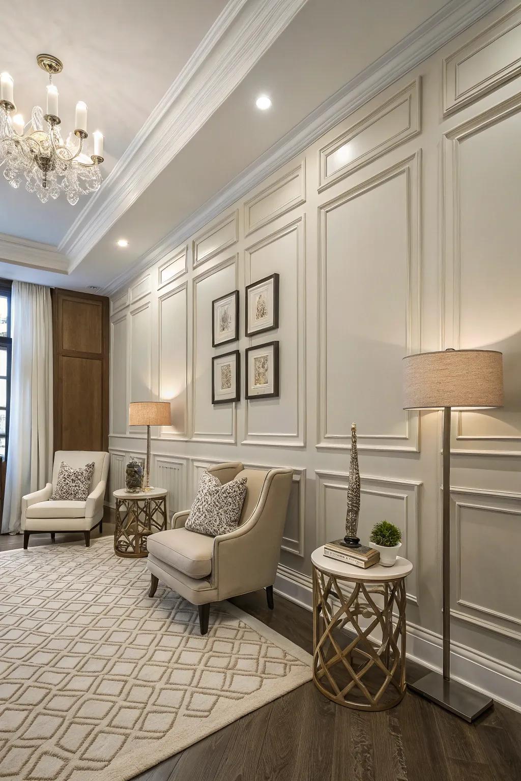 An apartment exhibiting varied height wainscoting for visual curiosity.