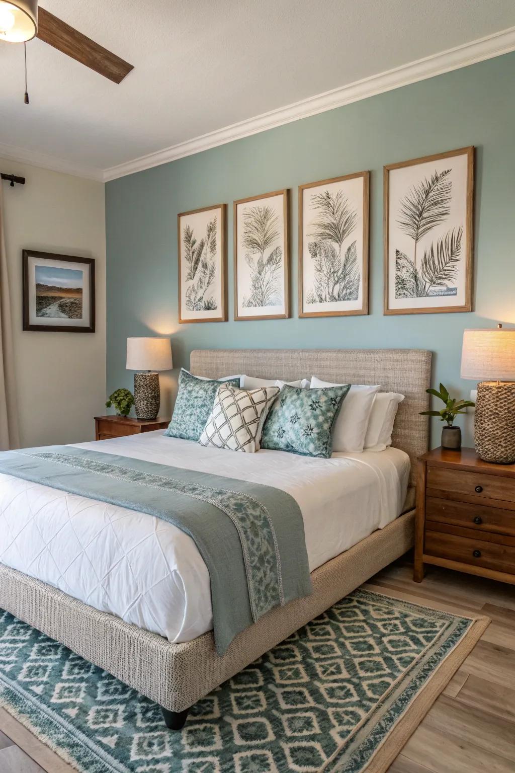 Matching art pieces create a cohesive look.