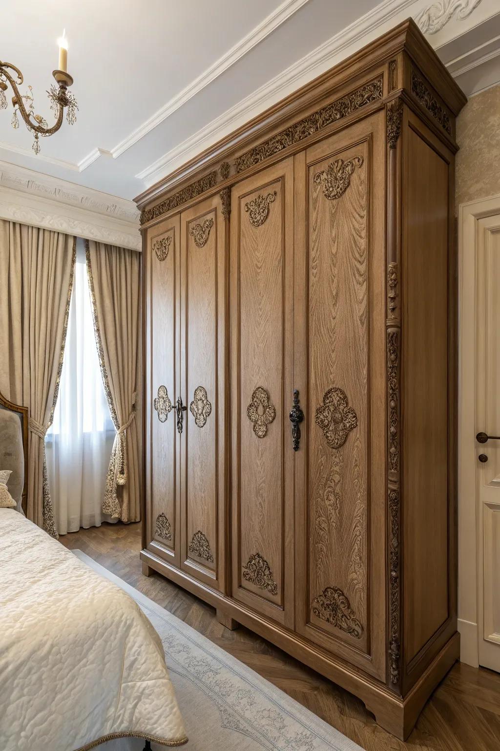 Antique handles bring a vintage touch to wall closets.