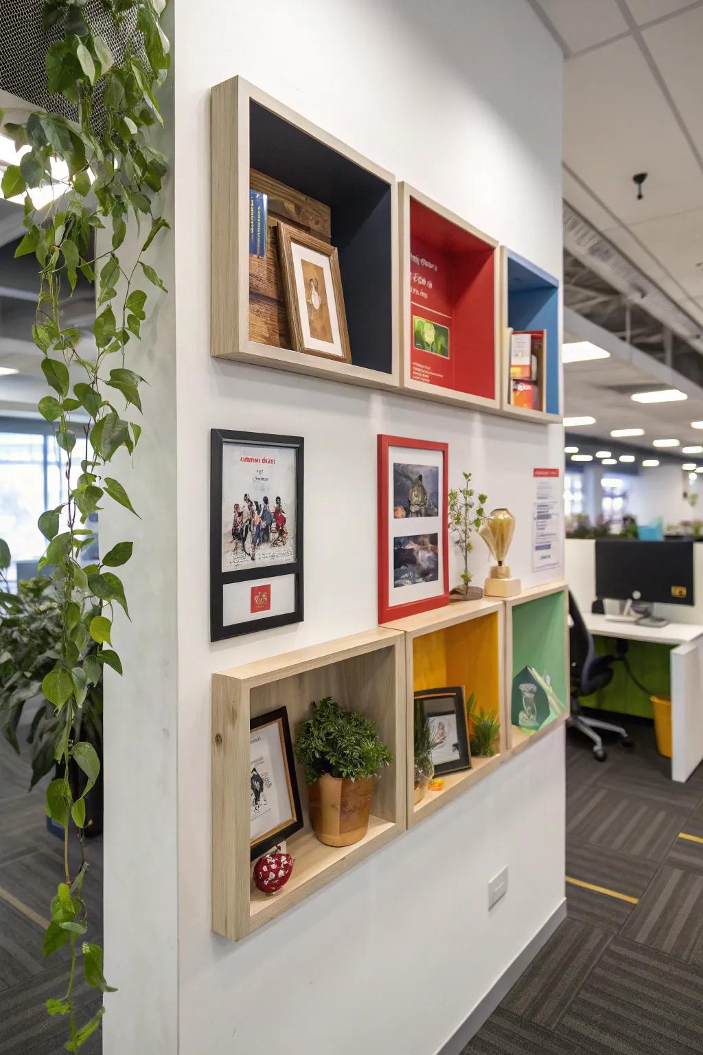 Shadow boxes showcasing cherished memorabilia.