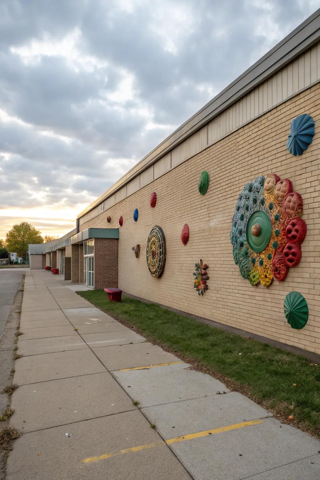 Sculptural installations creating an art piece on a school wall