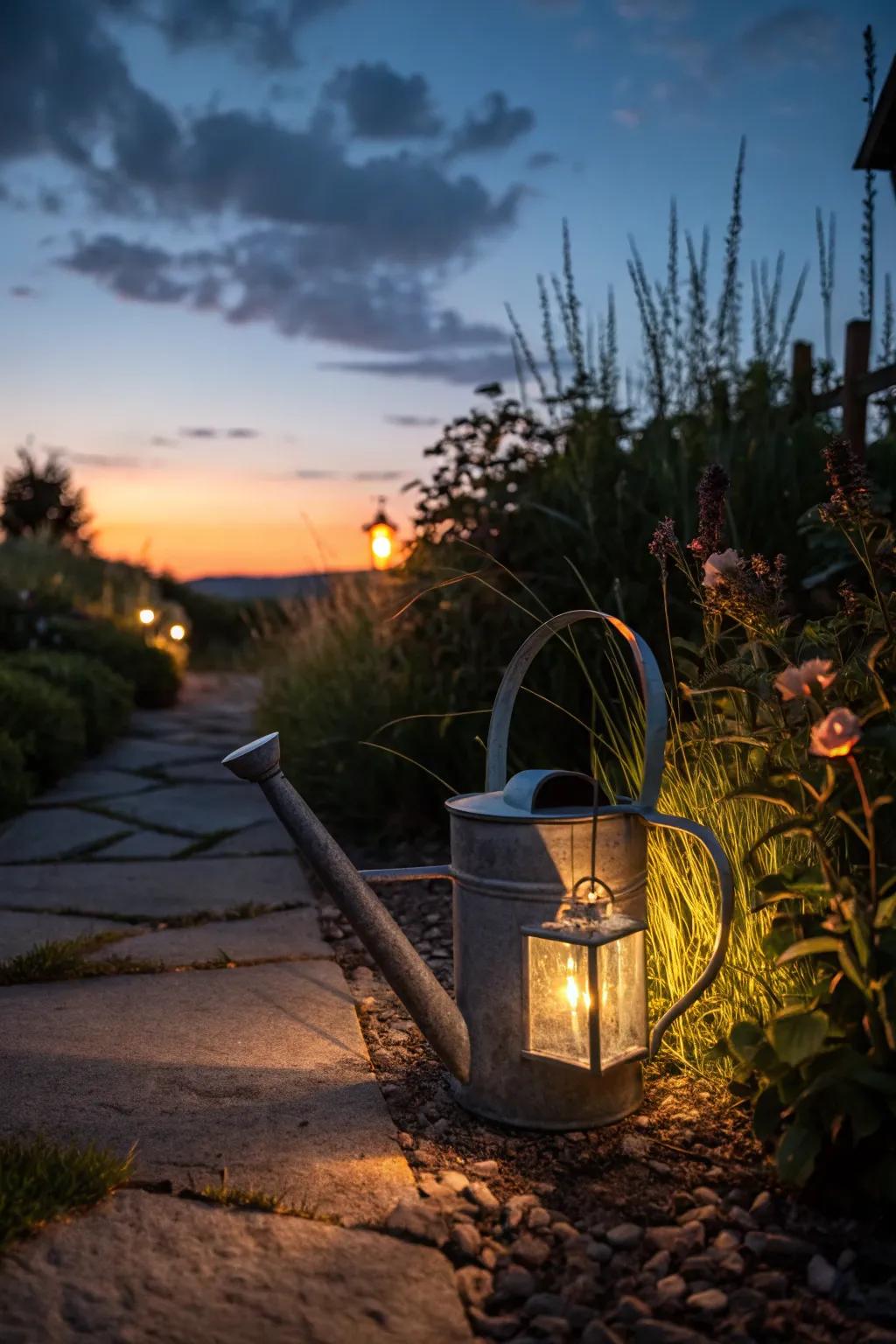External torch fixture from watering implement, igniting garden.