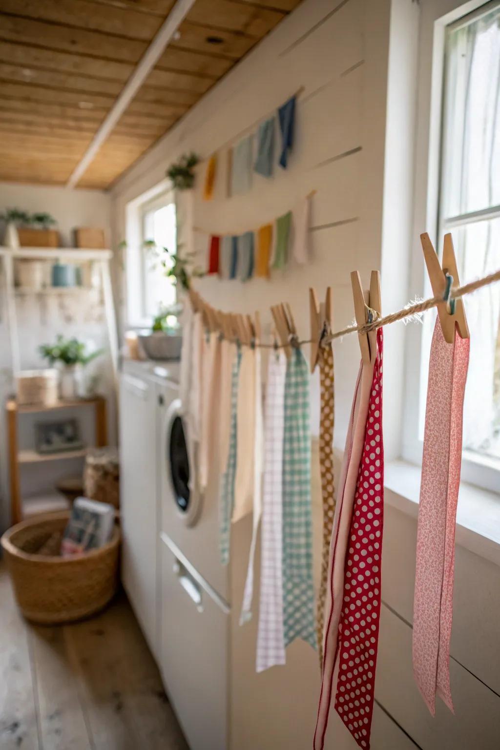 A clothesline display that keeps ribbons organized and accessible.