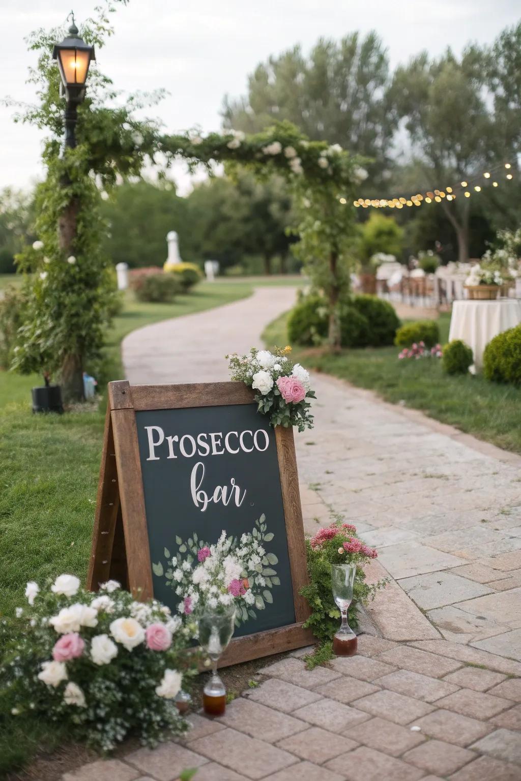 A garden pathway leads to a Prosecco station.