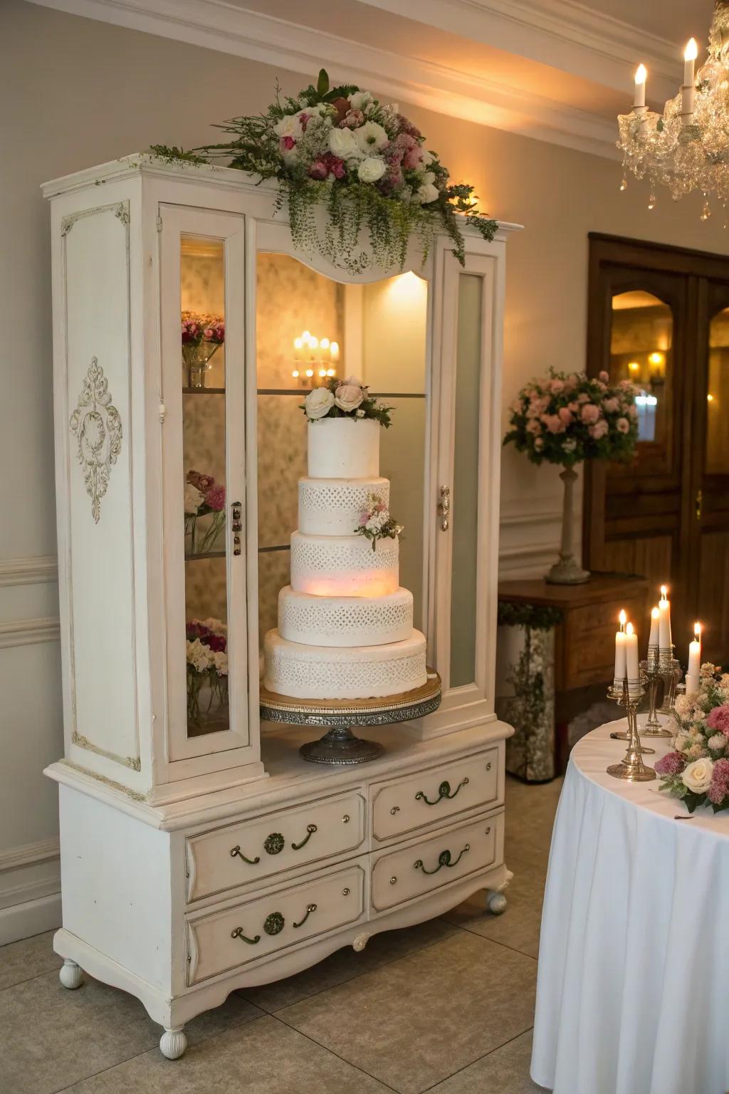An old-fashioned wardrobe offering a unique base for the wedding cake.