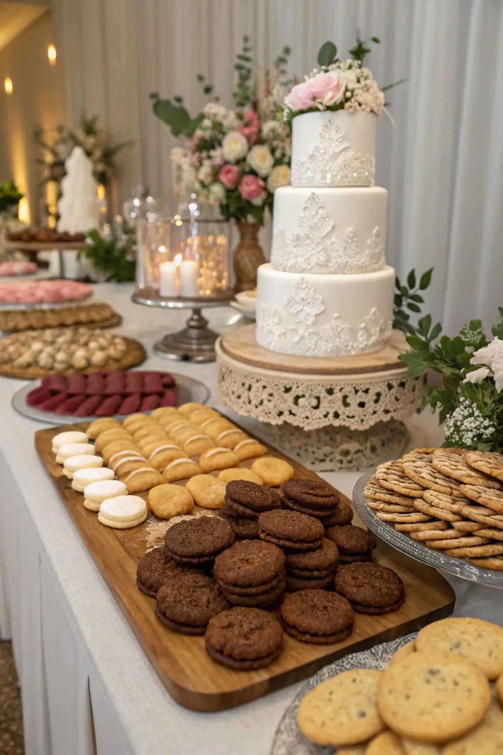 Varied textures enrich the artistic lure of a wedding cookie arrangement.