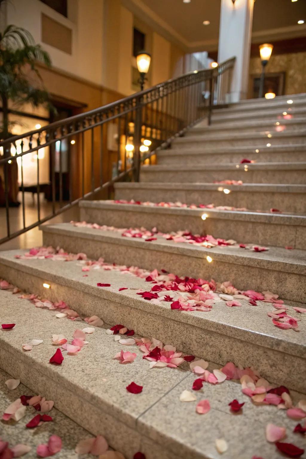 Bloom leaves dispersed along the steps contribute conventional amorous elegance.
