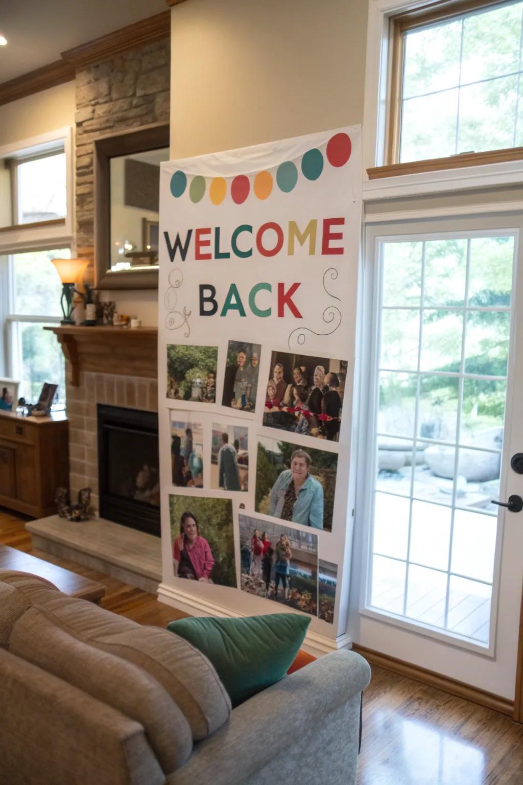 A photo collage poster celebrates memories in a family living room.