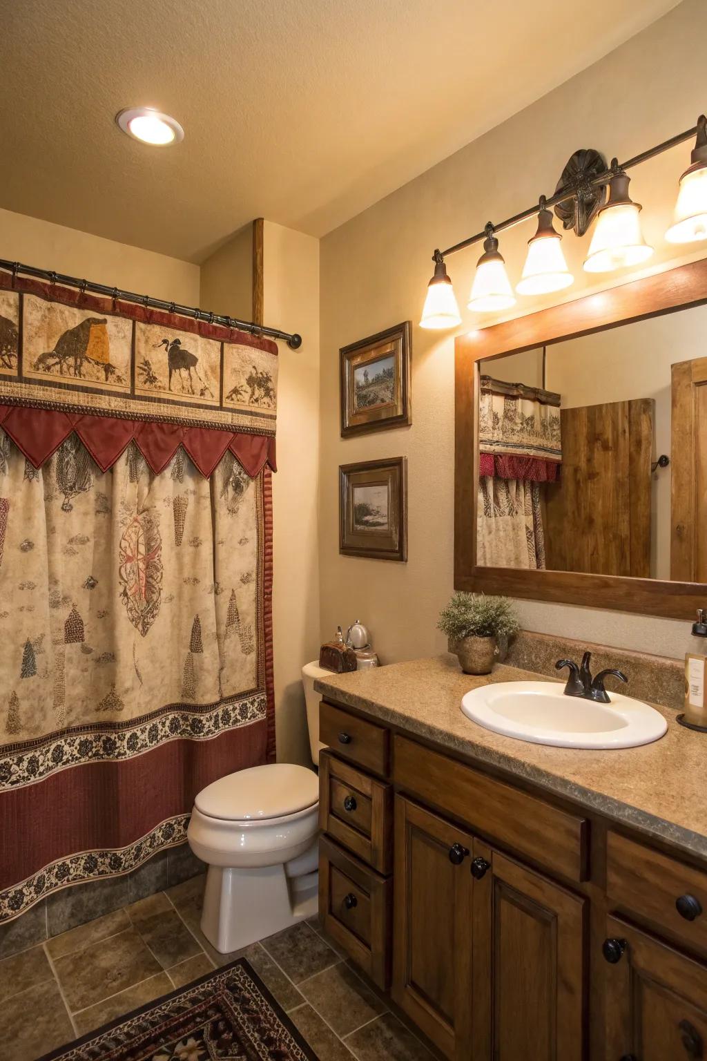 Western motif window toppers introduce subtle individuality to this bathroom.