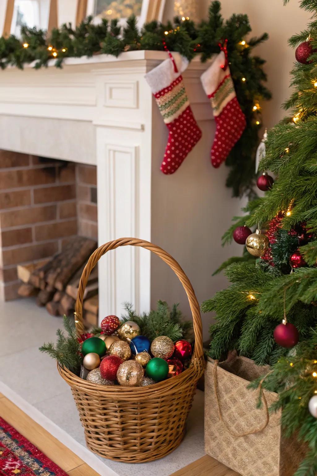 A basket filled with adornments injects festive gracefulness to your holiday decor.