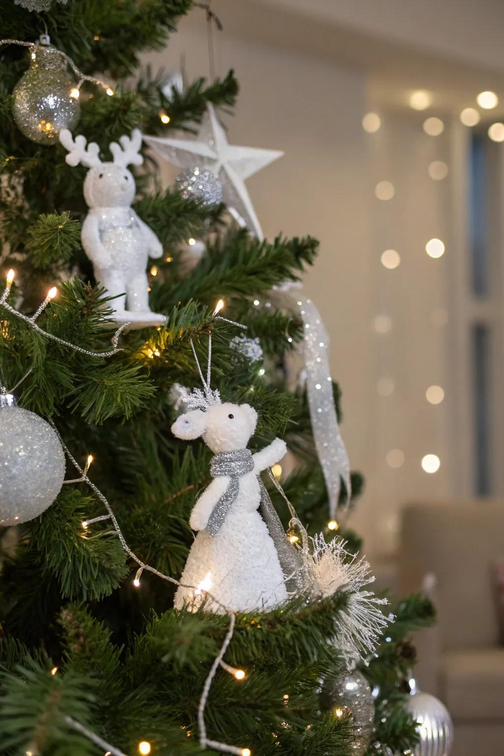 Whimsical white figurines add a playful touch.