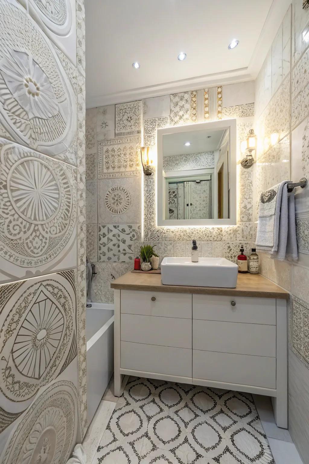 Mosaics add a whimsical touch to white-tiled walls.