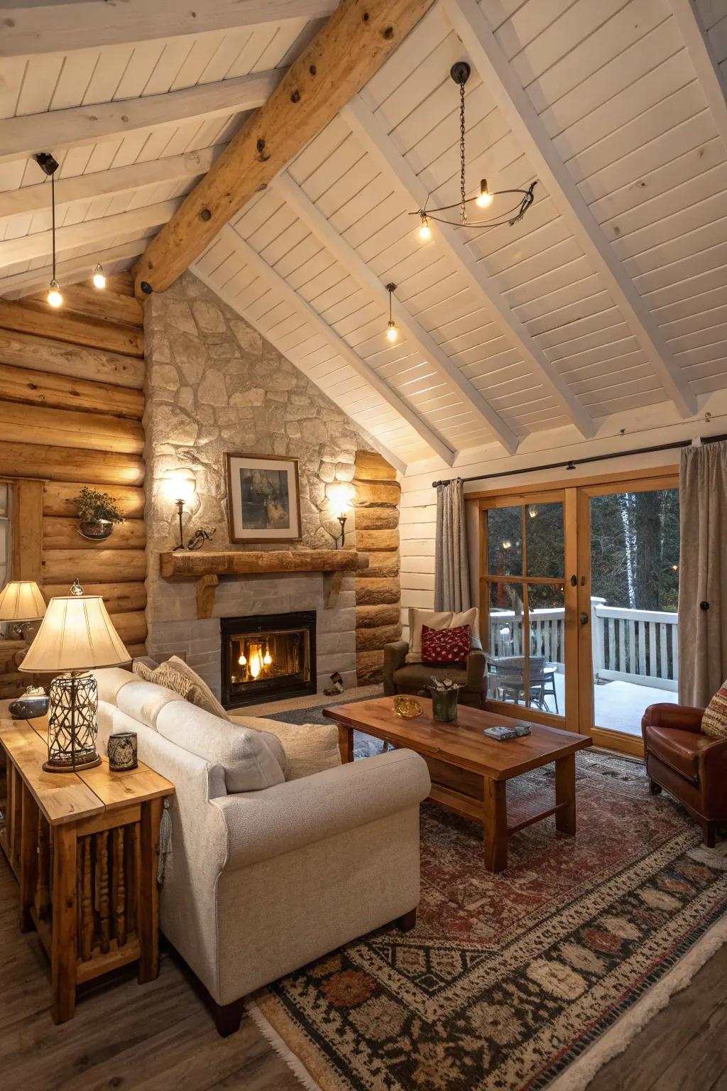 A rustic cabin interior showcasing a whitewashed wood ceiling, contributing warmth and texture.