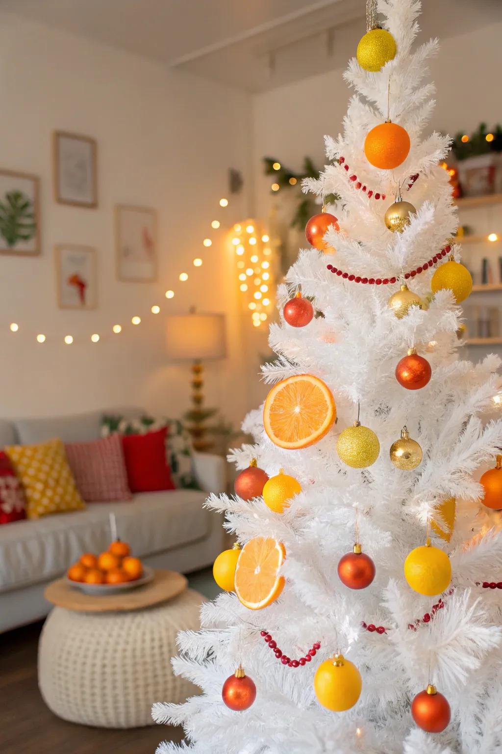 Radiant citrus burst motif on a white Christmas tree.