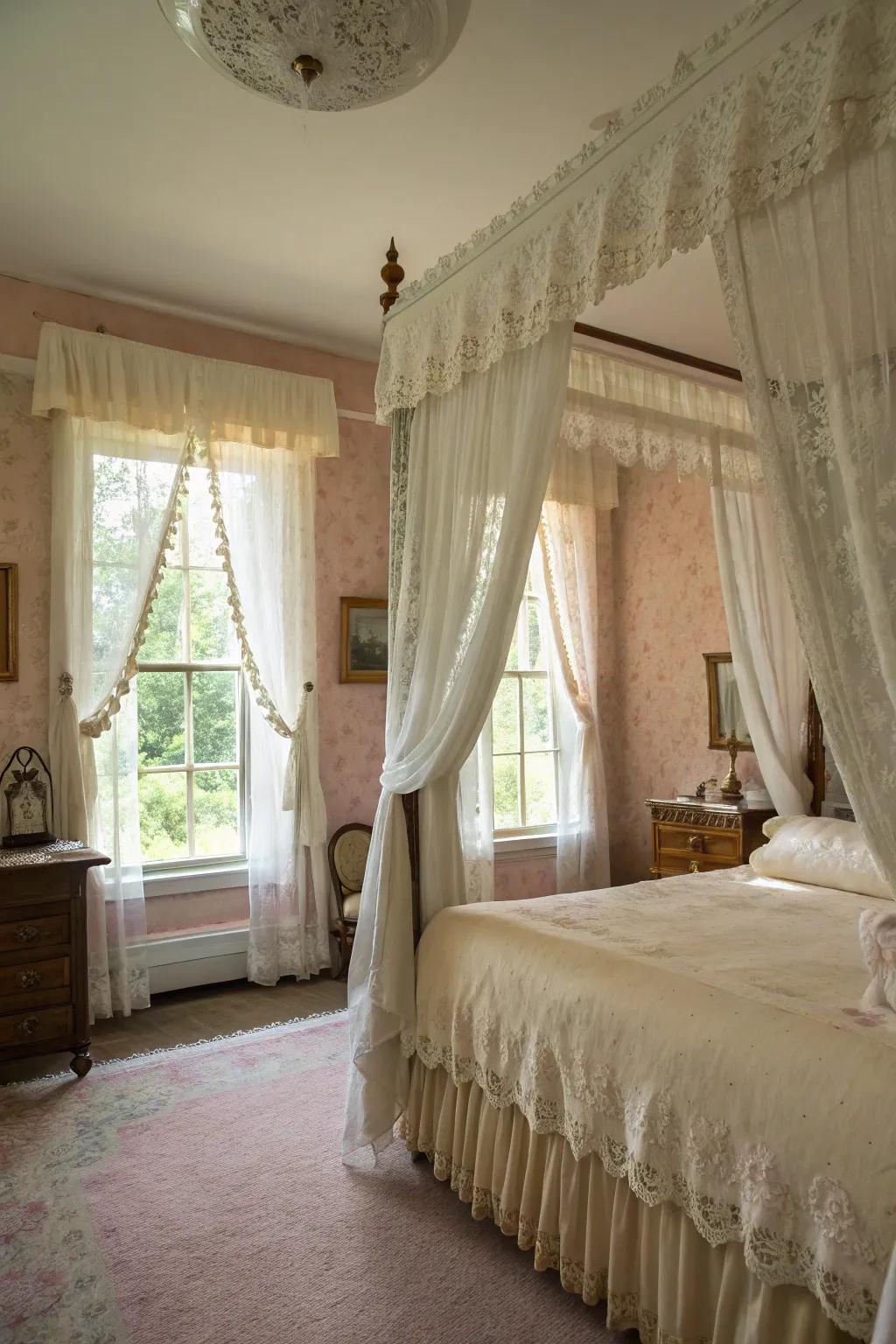 Pale lace drapes add vintage charm and romance to this bedroom.