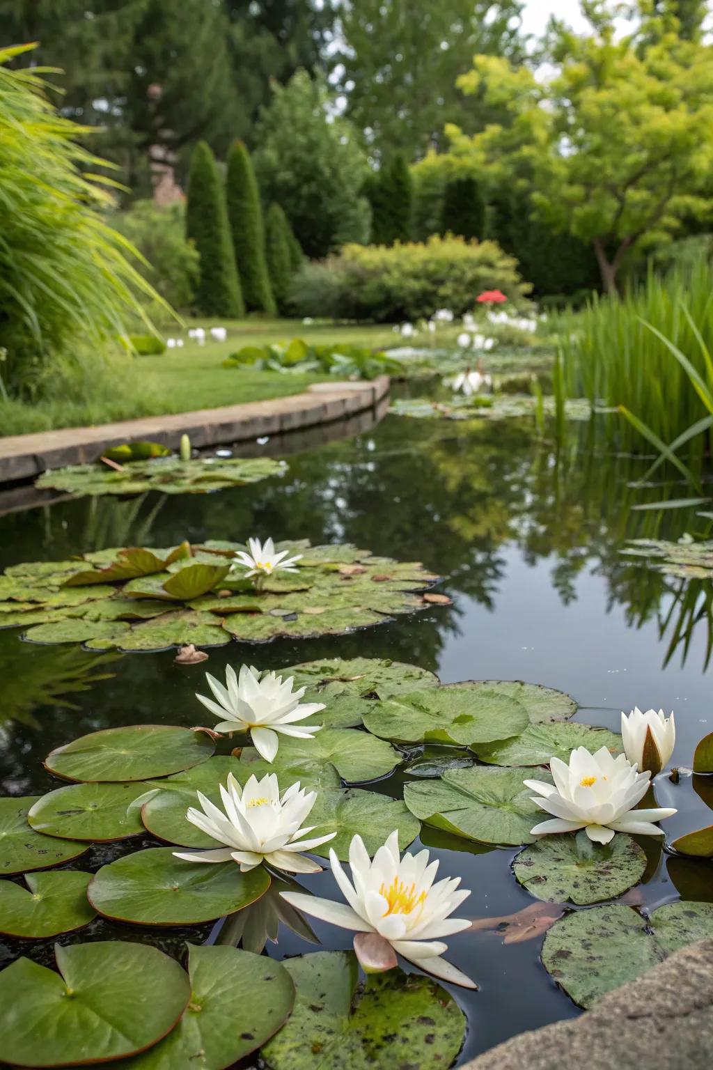 A pond with white water lilies brings serenity and elegance to the garden.