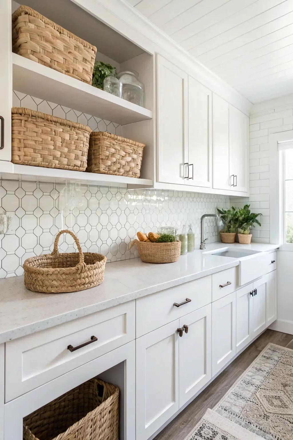 Textured elements add depth to the all-white kitchen palette.