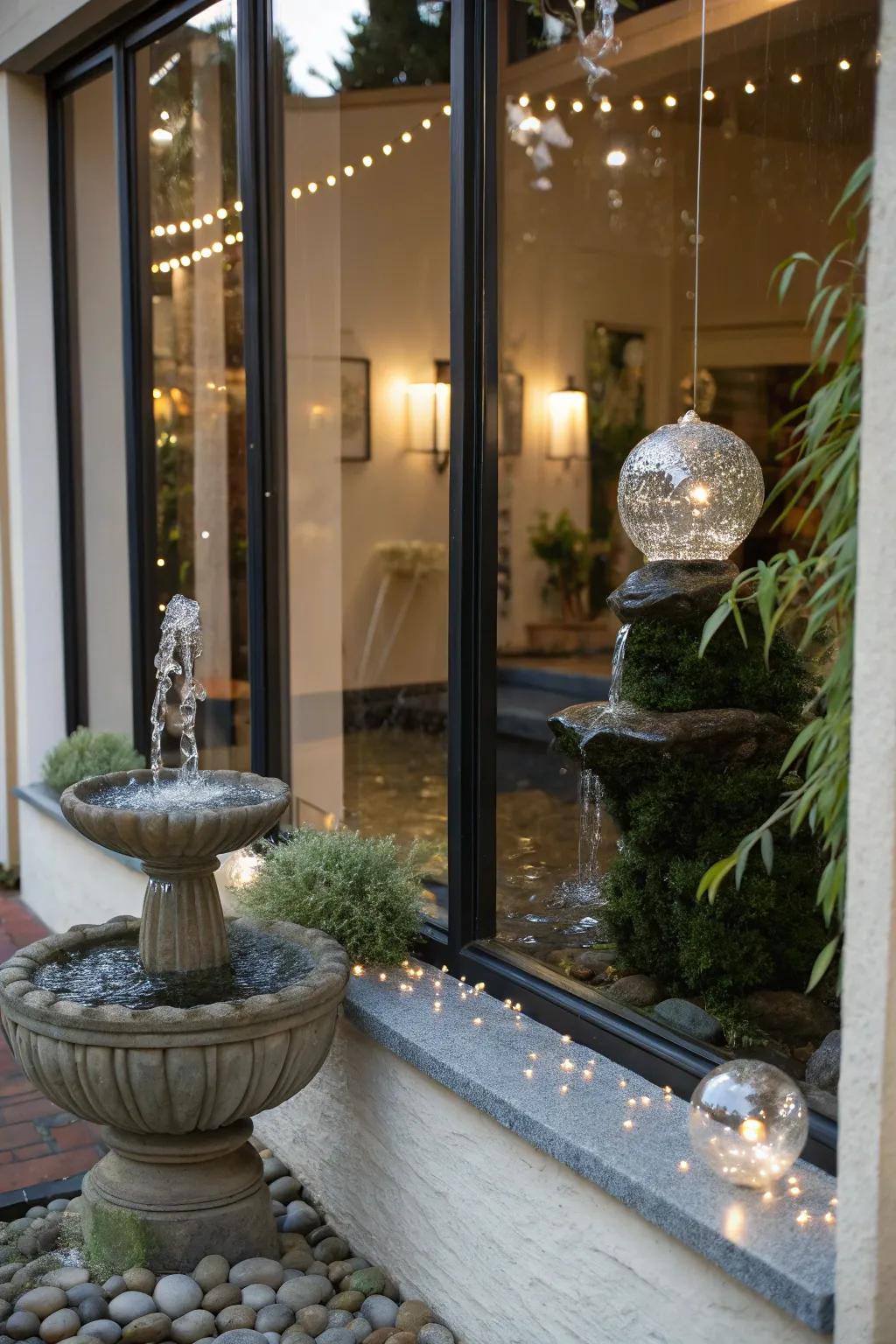 Reflective surfaces create a serene and meditative window display.